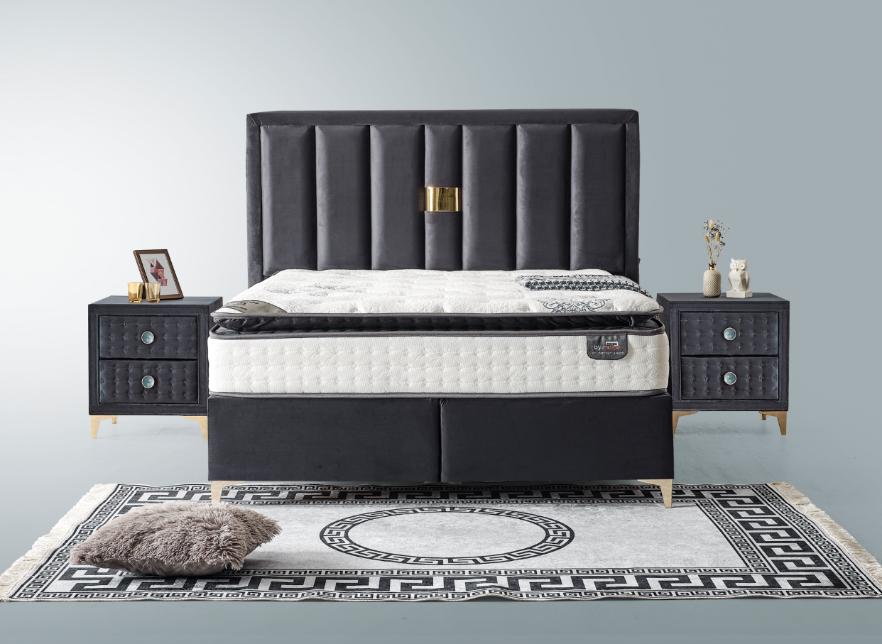 Set Pat tapitat cu saltea inclusa, somiera rabatabila si lada de depozitare Diamond Antracit, 160 cm x 200 cm